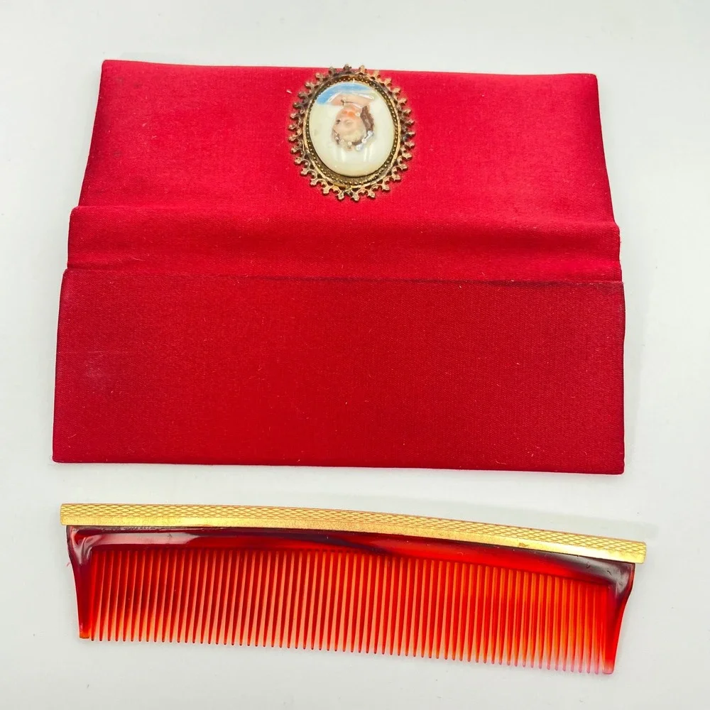 Vintage Saturnia Italy Vanity Comb Mirror Set Red Case Limoges‎ Portrait Rare